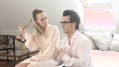 Naughty blonde sucks a cock and gets fucked in doggystyle position