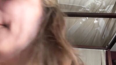 POV video shows busty MILF playing with pussy and saggy tits