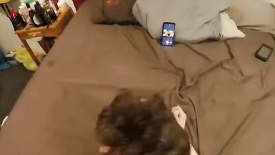 Short-haired girl sucks a cock and fucks in POV-style video