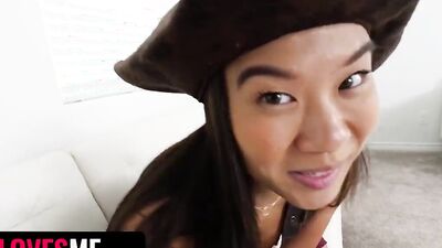Nerdy girl sucsk a dick and rides it in a POV-style video