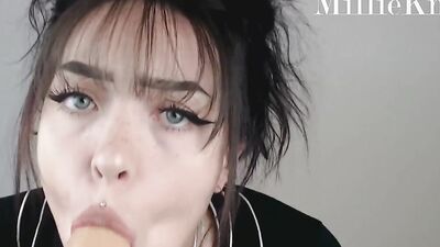 Pretty girl makes lovely facial expressions while playing with dick
