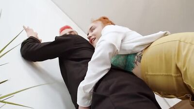 Redhead and brunette are having FFM 3some on the couch