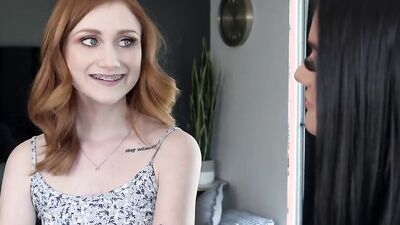 Brunette and redhead fucking with a lucky dude in this 3way