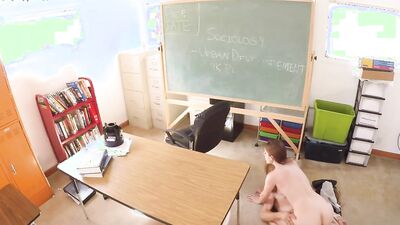 Chick blows a naughty professor and gets fucked in the classroom