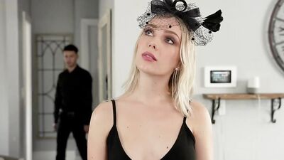 Blonde in sexy black lingerie is licked and fucked on the couch
