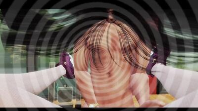 3D cartoon shows brunette in white stockings riding a hard cock