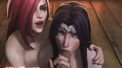 Redhead teaches brunette how to suck a cock in adult cartoon
