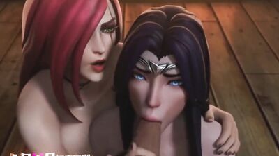 Redhead teaches brunette how to suck a cock in adult cartoon