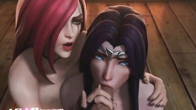 Redhead teaches brunette how to suck a cock in adult cartoon