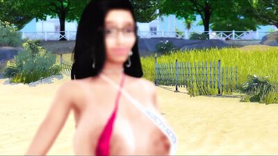 Busty babes posing on the beach in a kinky 3D cartoon