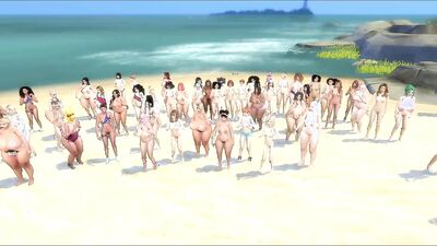 Busty babes posing on the beach in a kinky 3D cartoon