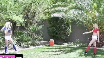 Blonde cuties are licking each other while that horny guy fucks them