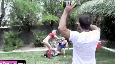 Blonde cuties are licking each other while that horny guy fucks them