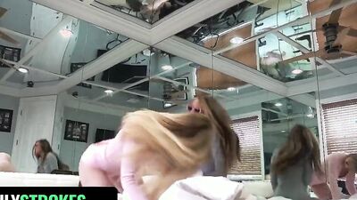 Two spicy girls sharing a hard dick in this webcam 3some