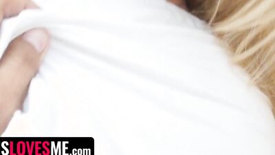 Blonde cutes are sharing lucky man's prick in POV-style 3some