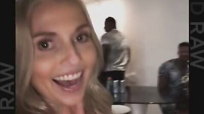 Two black studs are double penetrating juicy blonde in 3some