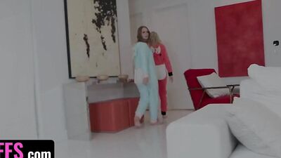 Three slutty girls riding a hard cock after sucking it nicely