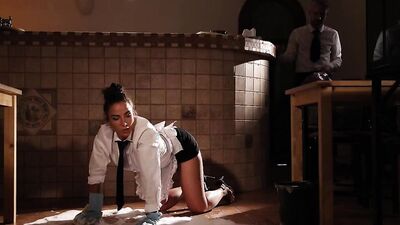 Housemaid is fucked in face and wet pussy by a boss