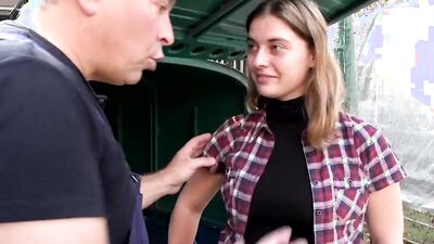 Chubby girl and kinky man are havign sex in the yard