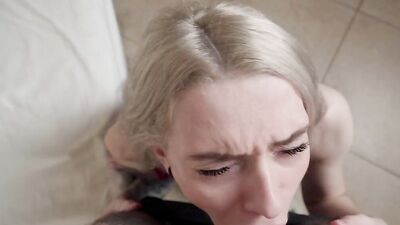 Blonde in black stockins strokes cock with feet and rides it