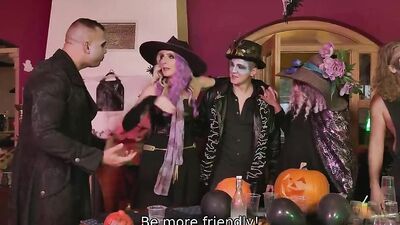 Dirty MILFs and guys are fucking at this HC halloween party