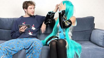 Cosplay girl spreads legs and horny guy fingers her pussy