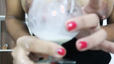 Michelle rubs her nipples and sprinkles milk in the glass. Part I