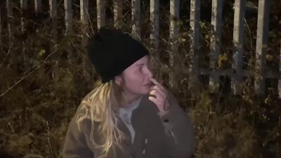 Street woman is offered a drink to take a cum shot