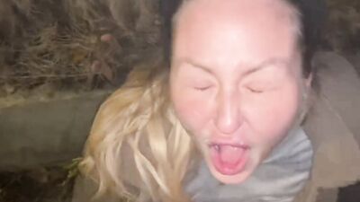 Street woman is offered a drink to take a cum shot