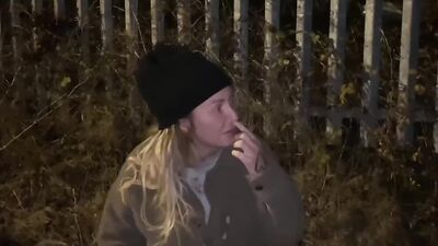 Offered a cigarette to take a cum shot in public on face