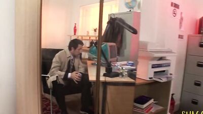 Brunette doctor gets her pussy fucked by a patient in the office