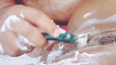 my husband shaves my pussy while I record it POV