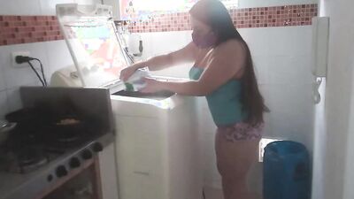 Horny Slut Stepsister With Giant Cameltoe Shows Off Her Huge Cameltoe In The Kitchen.
