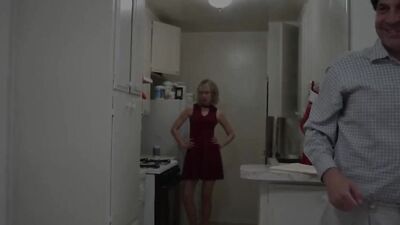 Step Mom fucks stepson in the kitchen in front of her husband