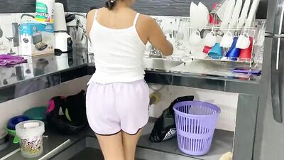 My stepmom fucks my small pussy in the kitchen while she washes the slab