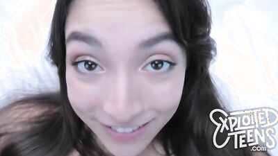This POV features a sexy Latina teen with some hair on her pussy