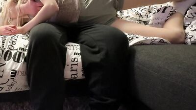 Tiny stepdaughter helping out her stepfather
