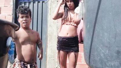 On the roof is the dwarf repairing the tank and his stepsister arrives to seduce him to fuck her