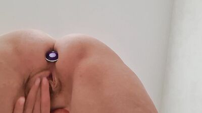 Step sister with anal plug masturbates tight pussy close up