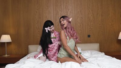 Cute pixie lesbian playing scissor with a Nezuko Kamado. Demon slayer.