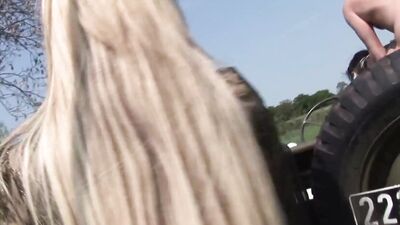 Army brunette and blonde milfs with big tits are desperate for outdoors group sex