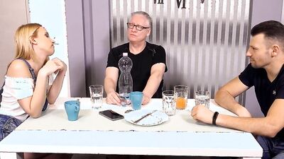 Blond nymph meets BFs old daddy and seduces him at midnight