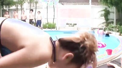 Asian group sex starts with a pool party