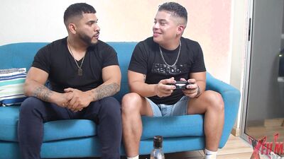 Two gifted guys sodomize petite Venezuelan redhead in the living room of their home