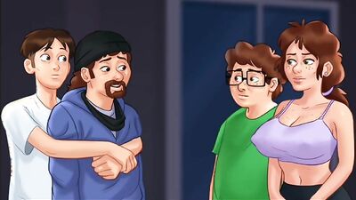 Summertime Saga #100 - Busty Roommate gives him a handjob and gets massive cum shot