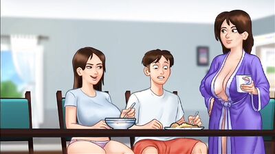 Summertime Saga #100 - Busty Roommate gives him a handjob and gets massive cum shot